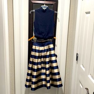 WHBM 2 piece navy/gold sweater and skirt set